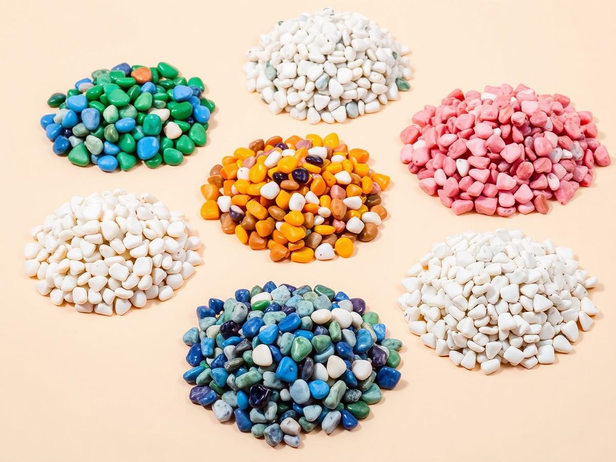Decorative pebbles displayed by colour and size