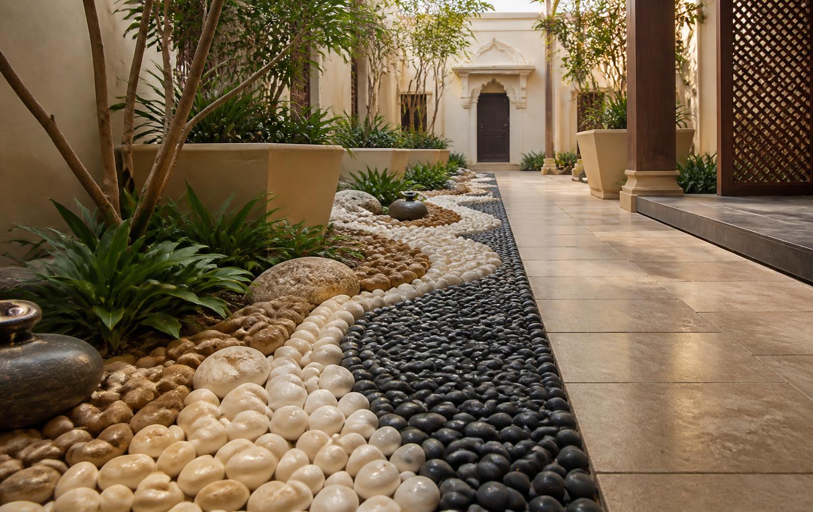Landscaping pebbles in a professionally designed courtyard
