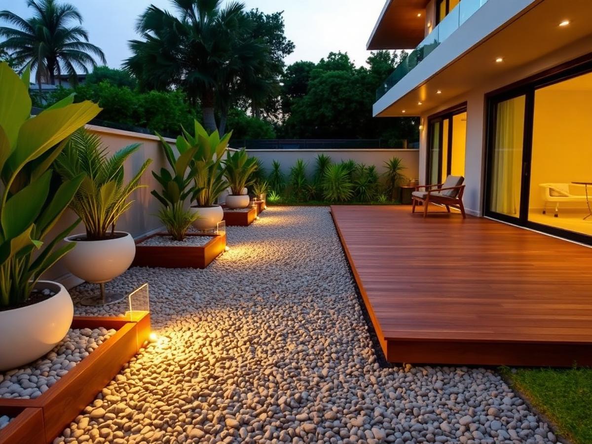 Terrace garden with pebble ground cover, planters and timber decking