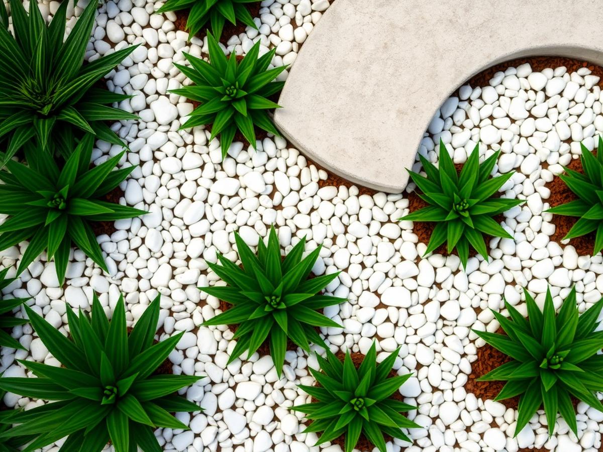 White polished pebbles used around garden plants